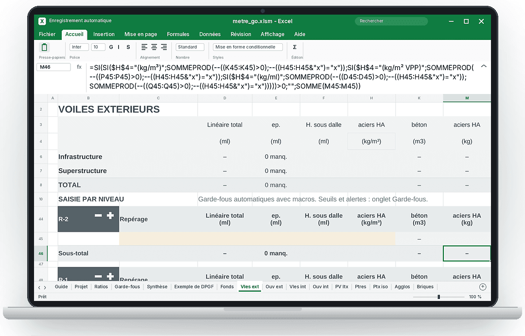 Aperçu du fichier Excel : onglet Voiles extérieurs, formule de quantité