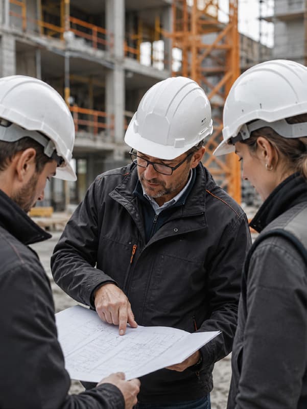 Équipe BTP consultant des plans sur un chantier
