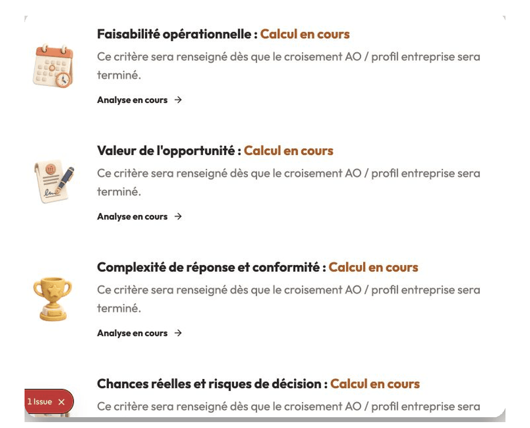Analyse d'opportunité et critères DCE sur une page d'appel d'offres