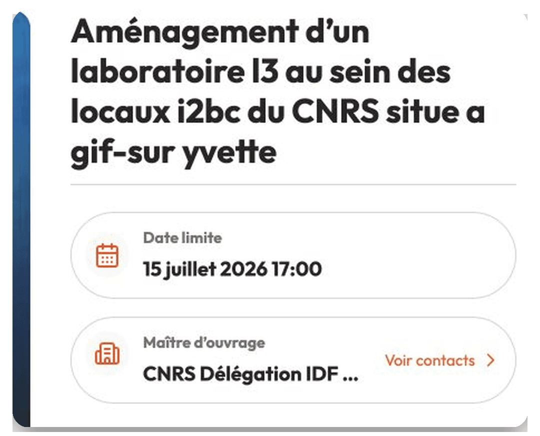 Page d'appel d'offres avec informations clés et métrés