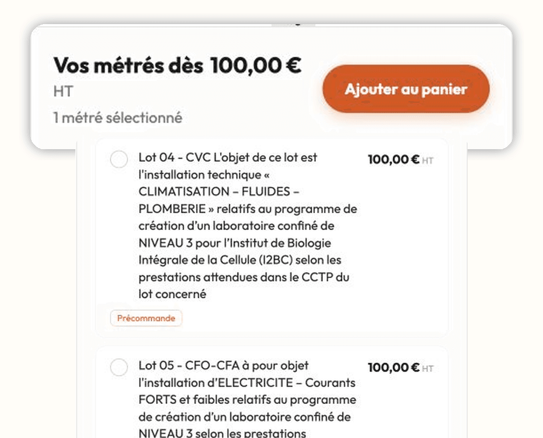 Bloc métrés disponible et précommandes sur une page d'appel d'offres