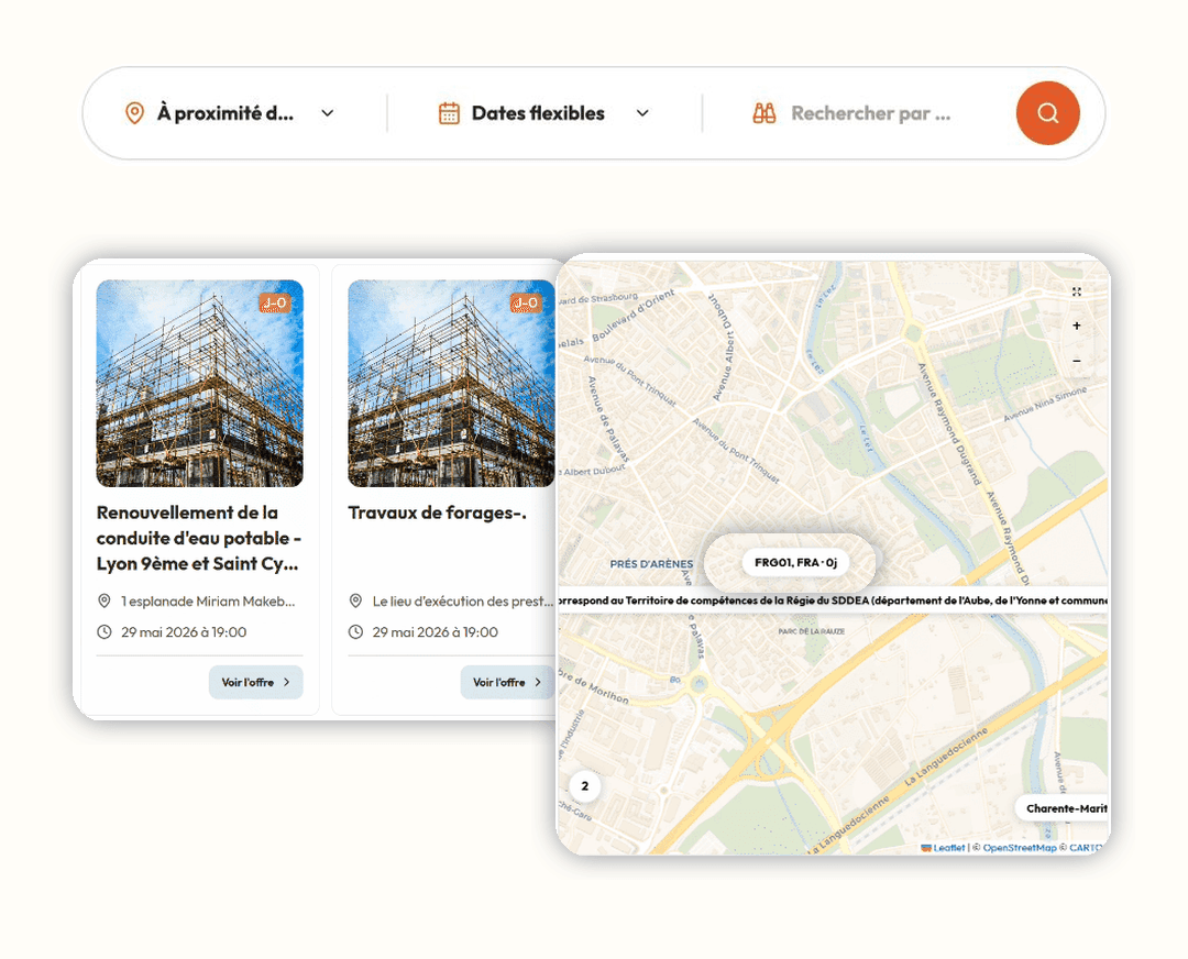 Recherche d'appels d'offres avec filtres et carte